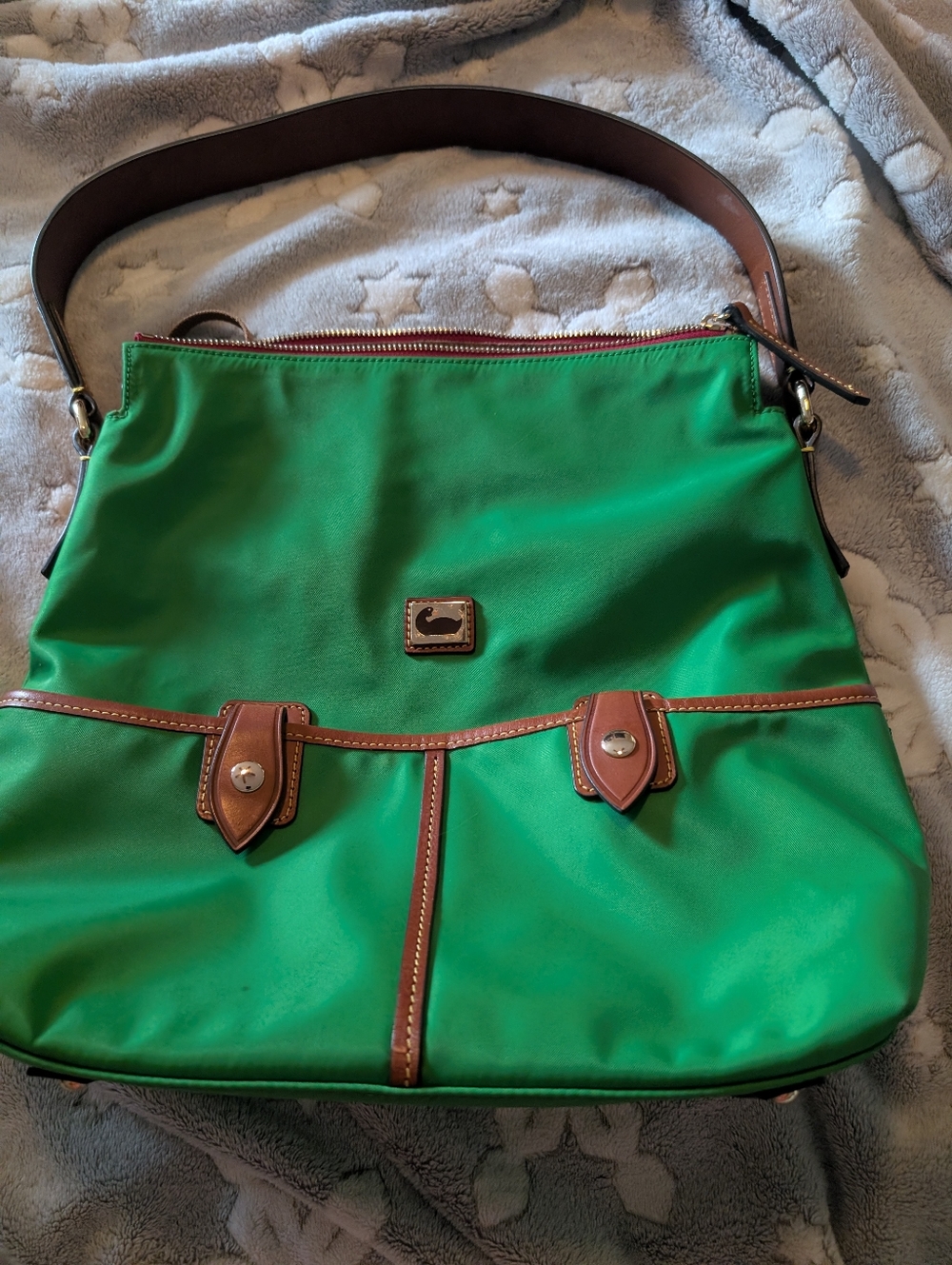 Dooney & Bourke Green Nylon Shoulder Bag with Brown Leather Trim